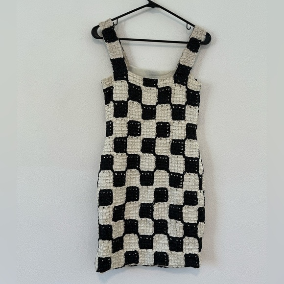 Nanushka Najya Black Cream Checked Square Neck Recycled Ribbons Mini Dress M - Picture 10 of 16
